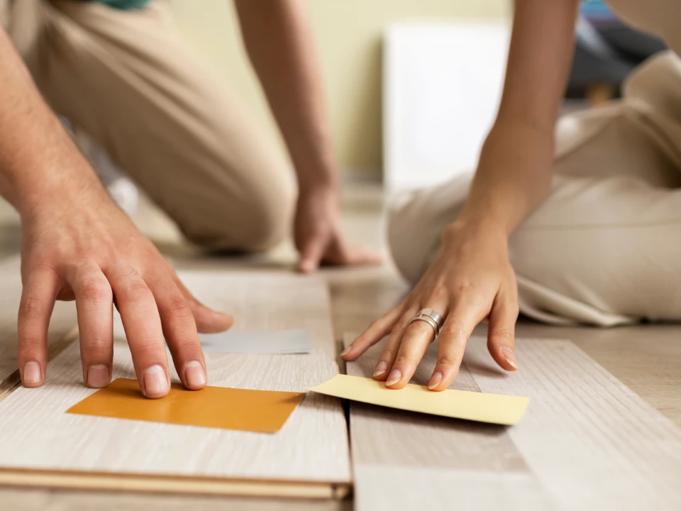 GT Floors specialist advising London homeowner with wood and LVT flooring samples