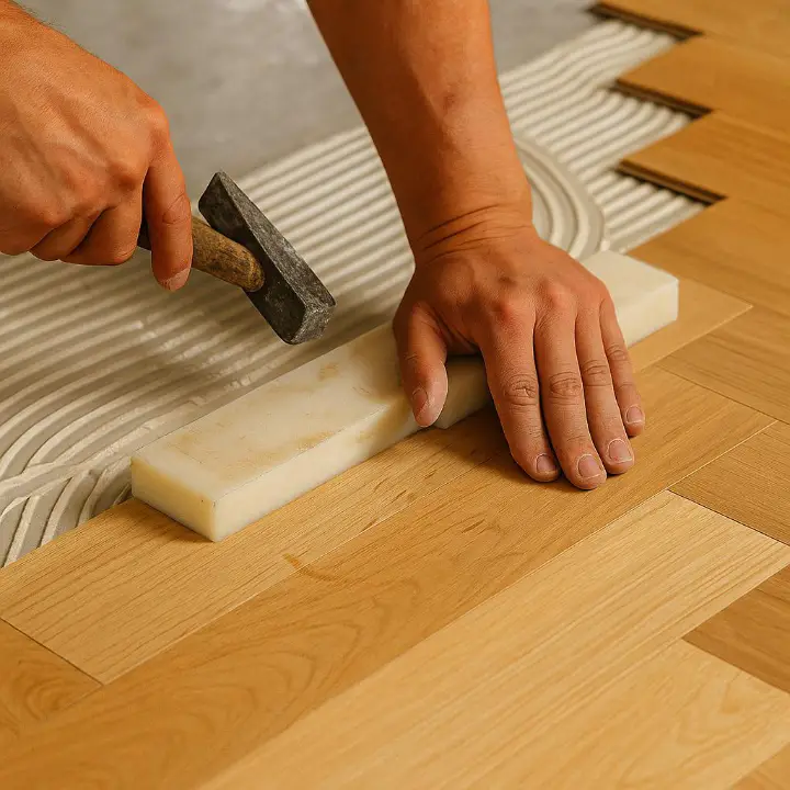 Master floor fitter at GT Floors Ltd installing engineered oak flooring in London